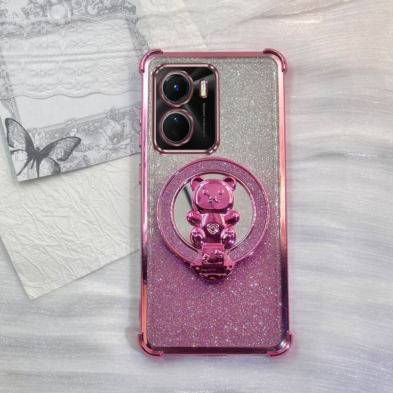 Vivo Y28 - Kalp Ayıcık Simli Telefon Tutucu Kılıf